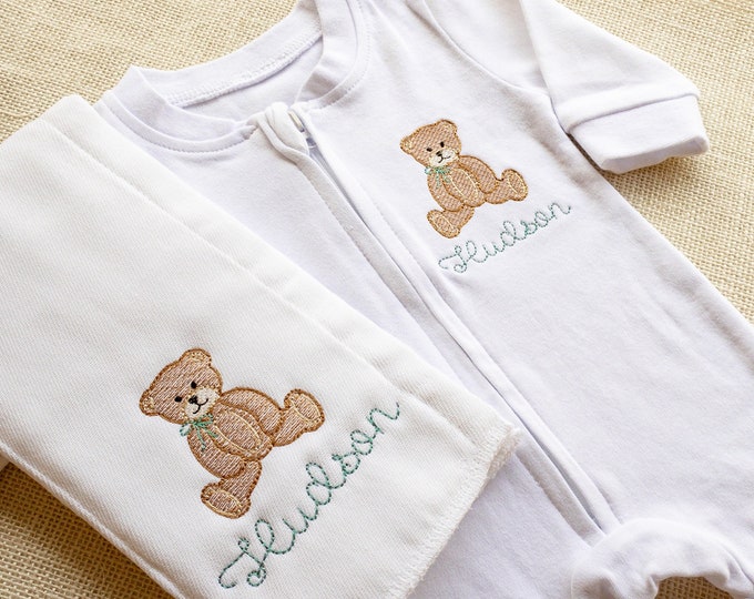 Personalized Embroidered Monogrammed Newborn Infant Baby Teddy Bear Footie Pajama Set- Bodysuit - Sleeper - Gift - Take Home Outfit