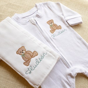 Personalized Embroidered Monogrammed Newborn Infant Baby Teddy Bear Footie Pajama Set- Bodysuit - Sleeper - Gift - Take Home Outfit