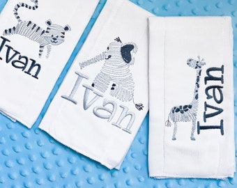 Juego de 3 paños para eructar bordados personalizados - con monograma - regalo para bebé - pañal de tela - Bebé niña - Bebé niño - Animales azules - Juego de 3