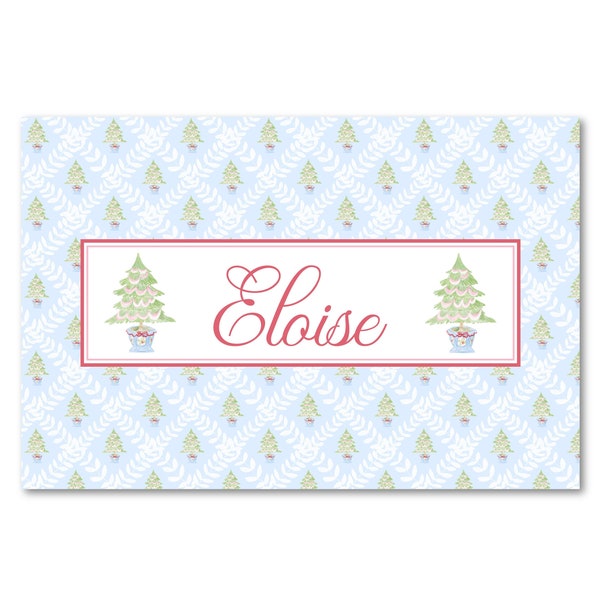 Personalized Grand Millennial Chinoiserie Christmas Tree Laminated Placemat - light blue and pink