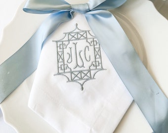 Set of 6 Monogrammed Chinoiserie Bamboo Framed Cloth Napkins