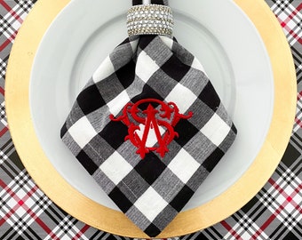 Monogrammed Black Buffalo Plaid / Gingham Dinner Napkins