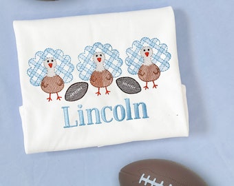 Gingham Turkey with Footballs Personalized Shirt for Fall - Halloween - pumpkin patch - blue - Thanksgiving