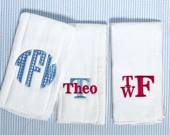 Personalized Embroidered Burp Cloth Set of 3 - monogrammed - baby gift - cloth diaper - Baby  Girl - baby boy - Set of 3 - Standard Red/Blue