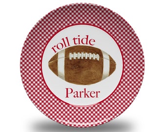 Children's Personalized Football Plate - microwave safe - gingham - College - kids - boy - girl - BPA free - NFL - Alabama - roll tide