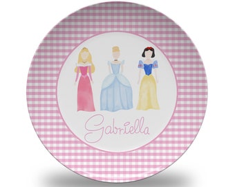 Girls Personalized Princess Plate - microwave safe - gingham - Birthday - Present - kids - girl - BPA free