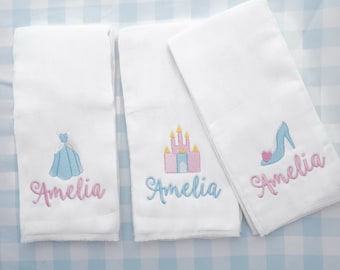 Personalized Princess  Burp Cloth Set of 3 - personalized - baby gift - baby girl - Set of 3 - Burp Rag - newborn