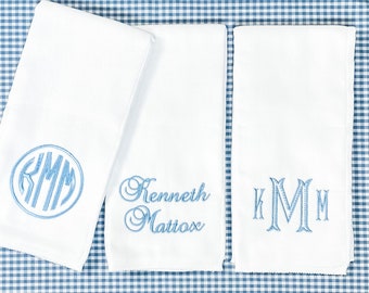 Conjunto de tela de eructo bordado personalizado de 3 - monograma - regalo de bebé - pañal de tela - bebé - niño - conjunto de 3 - todo conjunto azul