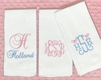 Personalized Embroidered Burp Cloth Set of 3 - monogrammed - baby gift - cloth diaper - Baby  Girl - Set of 3 - Pink and Blue Set