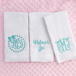 Gepersonaliseerde geborduurde spuugdoekjes set van 3 - monogram - babycadeau - stoffen luier - babymeisje - babyjongen - set van 3 - volledig aqua