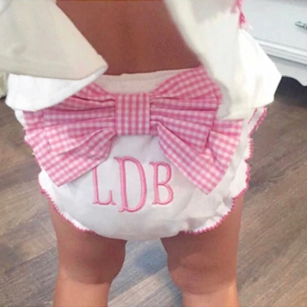 Monogrammed Infant Diaper Cover Bloomers with Gingham Bow - Bow Bloomer Monogram