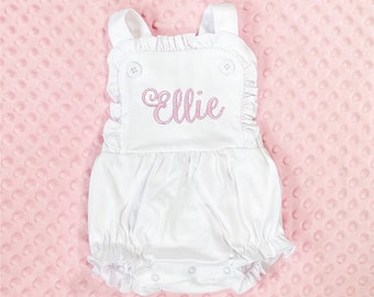 Monogrammed White and Blue Summer Sunsuit Ruffle Bubble for girls and boys - personalized - blue - pink