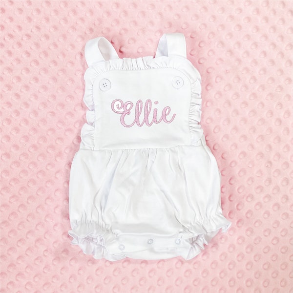 Monogrammed White and Blue Summer Sunsuit Ruffle Bubble for girls and boys - personalized - blue - pink