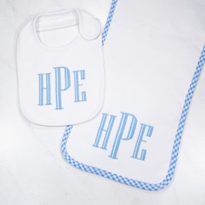 Monogrammed Burp Cloth & Bib Set with blue trim personalized baby gift embroidered bib baby boy newborn blue image 1