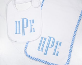 Monogrammed Burp Cloth & Bib Set with blue trim - personalized - baby gift - embroidered - bib - baby boy - newborn - blue