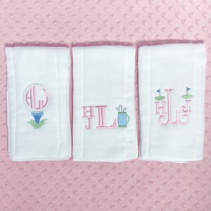 Monogrammed Golf Burp Cloth Set of 3 - personalized - baby gift - cloth diaper - Baby  Girl - pink & green - Set of 3 - Burp Rag - Pink Golf