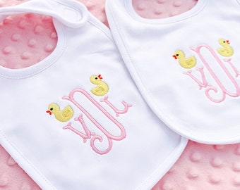 Monogrammed Rubber Duck Bibs - boy - girl - pink - blue - spring - baby animals