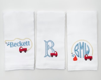 Monogrammed Fire Truck Burp Cloth Set of 3 - personalized - baby gift - baby boy - Set of 3 - Burp Rag - newborn