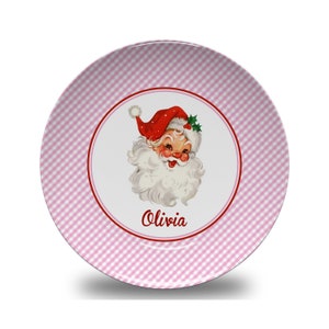 Personalized Pink Gingham Vintage Santa Christmas Dinner Plate