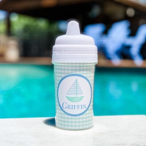 Gingham Sail Boat Monogrammed Sippy Cup - Drink Cup - boys - Girls - personalized - preppy - blue - pink - green
