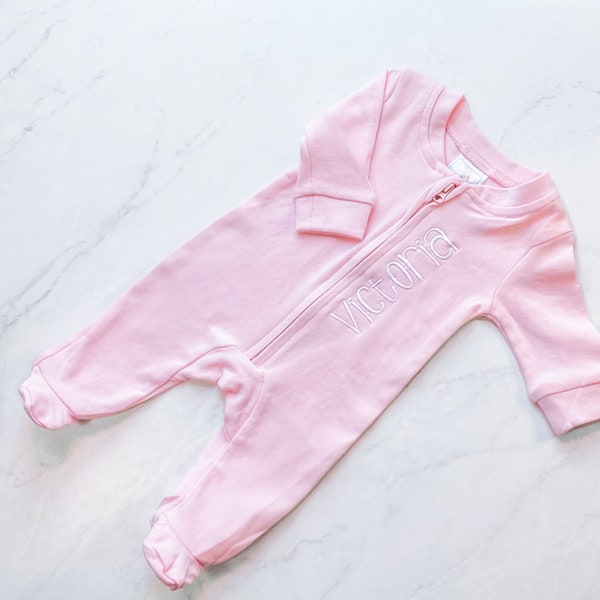 Personalized Embroidered Monogrammed Newborn Infant Baby Pink, White, or Blue Footie Pajama - Bodysuit - Sleeper - Gift - Take Home Outfit