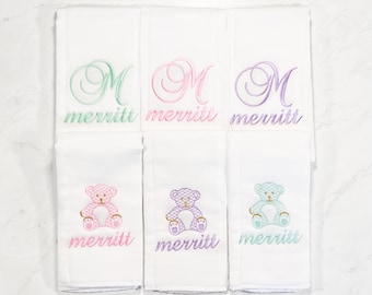 Personalized Embroidered Burp Cloth Set of 6 - monogrammed - baby gift - cloth diaper - Baby  Girl - baby boy - teddy bear