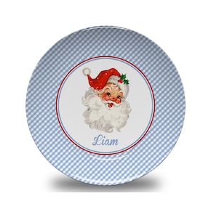 Personalized Blue Gingham Vintage Santa Christmas Dinner Plate