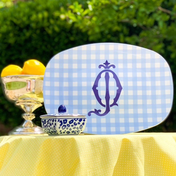 Monogrammed Blue Gingham Platter - Blue and White - Patriotic - Chinoiserie - 4th of July - Memorial Day