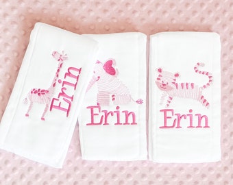 Personalized Embroidered Burp Cloth Set of 3 - monogrammed - baby gift - cloth diaper - Baby  Girl - baby boy - Animals Pink