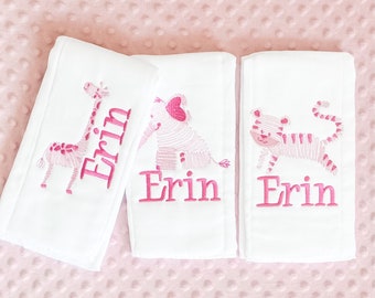 Juego de 3 paños para eructar bordados personalizados - con monograma - regalo para bebé - pañal de tela - Bebé niña - Bebé niño - Animales rosa