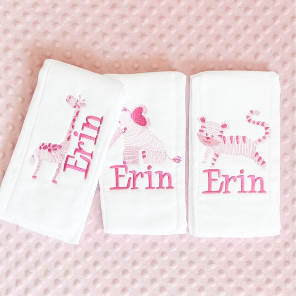 Personalized Embroidered Burp Cloth Set of 3 - monogrammed - baby gift - cloth diaper - Baby  Girl - baby boy - Animals Pink