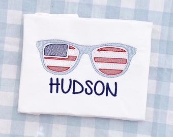 Boys Personalized Patriotic American Flag sunglasses Short Sleeve T Shirt - 4th of July - Memorial Day - Red White and Blue - Lake