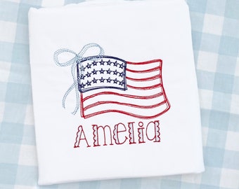 Personalized Patriotic Bow Short Sleeve Shirt for Girls - 4th of July - Memorial Day - Red White and Blue - Summer - Monogram