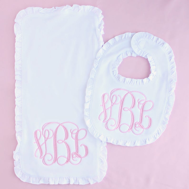 Monogrammed Ruffled Burp Cloth & Bib Set Personalized Baby Etsy