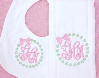 Personalized Embroidered Burp Cloth - monogrammed - baby gift - cloth diaper - appliquéd - bib - boy - set - girl - newborn - pink - dots
