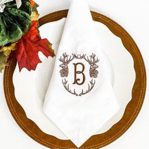 Set of Six Fall Monogrammed Cloth Napkins with Dear Antler design