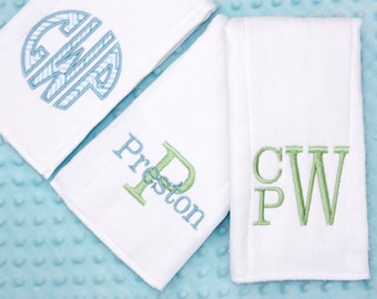 Personalized Embroidered Burp Cloth Set of 3 - monogrammed - baby gift - cloth diaper -  Standard Blue & Green