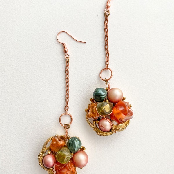 Repurposed Vintage Cluster Gold & Copper Multicolor Cottagecore Dangle Earrings