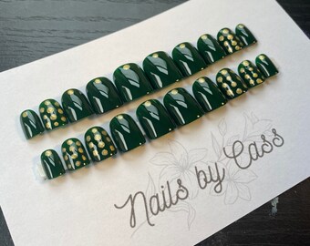 Green press on nails, green and gold nails, holiday nails, polka dot nails, long st patty nails, short st Patrick's day 20 nail set