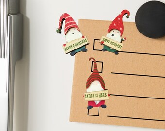 Juego de 3 imanes para nevera de madera hechos a mano con forma de gnomo navideño
