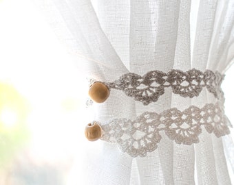 Crochet Lace Curtain Tie Backs – No Drill Self-Tie, Boho Farmhouse Window Decor