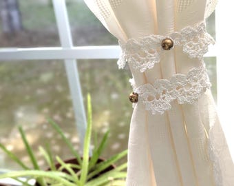 Luxe Crochet Lace Curtain Tie Backs – Gold Bead Self-Tie, Boho Window Decor