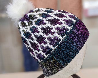 Gorro de crochet hecho a mano: gorro de invierno para mujer con tejido de mosaico de diamantes