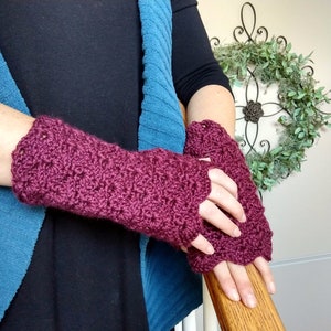 Burgundy Crochet Fingerless Gloves: Shell Design Arm Warmers