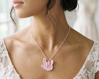 Hand-Crocheted ASL ILY Necklace – Blush Pink Bridesmaid Gift