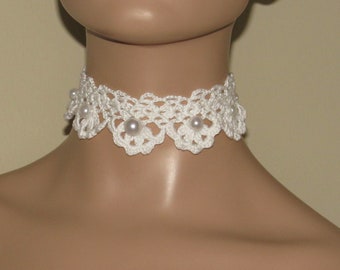 White Crochet Lace Choker Necklace, Victorian Inspired Crochet Lace Choker, Gifts for Her, White Lace Collar, Beaded Choker, Accessories