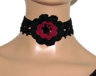 Crochet Black Choker Necklace, Gothic Victorian Lace Collar with Burgundy Flower, Gift For Her