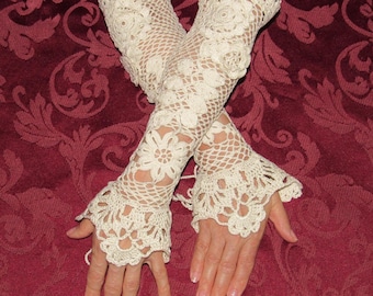 Crochet Long Fingerless Lace Gloves, Ivory Floral Wedding Gloves,  Customizable Bridal Accessories, Gift Ideas