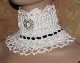 Crochet White Lace Neck Corset With Black Ribbon,  Choker Necklace, Victorian Inspired Neck Collar With Fashion Jewelry Brooch, Gift For Her