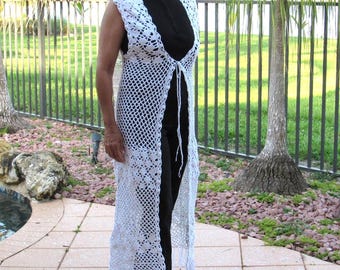 Chaleco maxi de encaje de crochet, chaleco playero largo con flecos, abrigo blanco de verano, personalizable